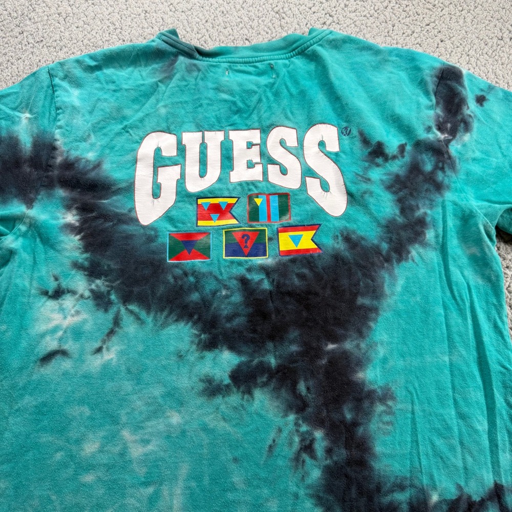 Guess Originals Mens Teal Black Tie Dye Nautical Flag Graphic T-Shirt Small - Picture 2 of 7